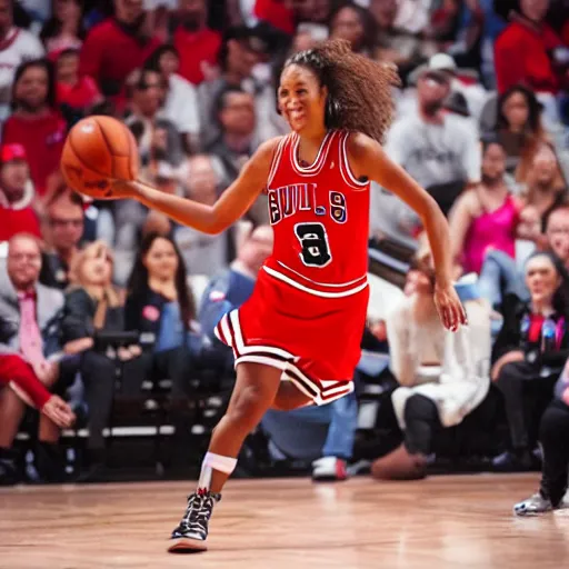 Image similar to woman on a basketball court in a chicago bulls jersey