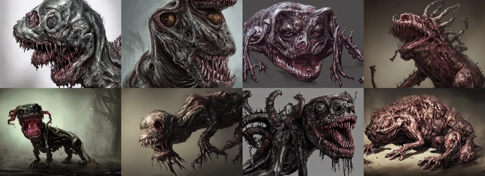 Prompt: a nightmarish slimy monster puppy, with black eyes, rotting flesh, exposed bone, by jerad marantz, concept art, dramatic lighting, highly detailed digital painting