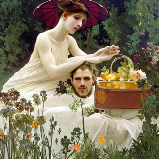 Prompt: a Taxi-Cab-Lunch-Picnic, spread-across-the-hood, romantic luncheon art by alphonse mucha and Monia Merlo and Raymond Swanland