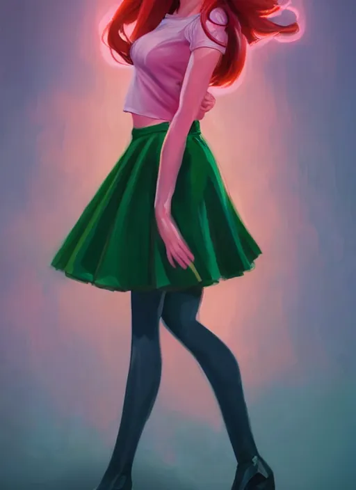 Image similar to full body portrait of teenage cheryl blossom, bangs, green eyes, sultry expression, red hair, sultry smirk, bangs and wavy hair, pink skirt, intricate, elegant, glowing lights, highly detailed, digital painting, artstation, concept art, smooth, sharp focus, illustration, art by wlop, mars ravelo and greg rutkowski