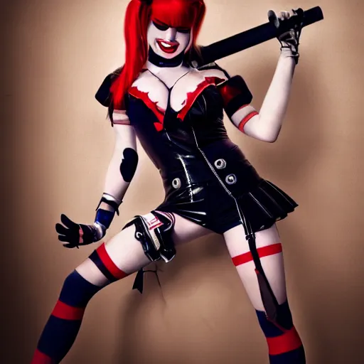 Image similar to detailed photograph of avril lavigne as harley quinn with stockings, 8 k, by greg rutkowski, artgerm, global illumination