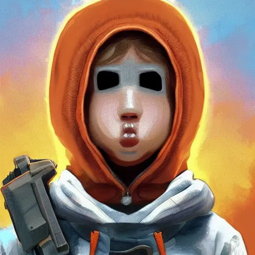 Image similar to baby Angel, baby cherub,wearing angel halo, ski mask, balaclava, face covered, wearing angel halo covered face, orange hoodie, hip hop, multiple golden necklaces, fantasy art apex fortnite Video game icon, 2d game art gta5 cover , official fanart behance hd artstation by Jesper Ejsing, by RHADS, Makoto Shinkai and Lois van baarle, ilya kuvshinov, rossdraws