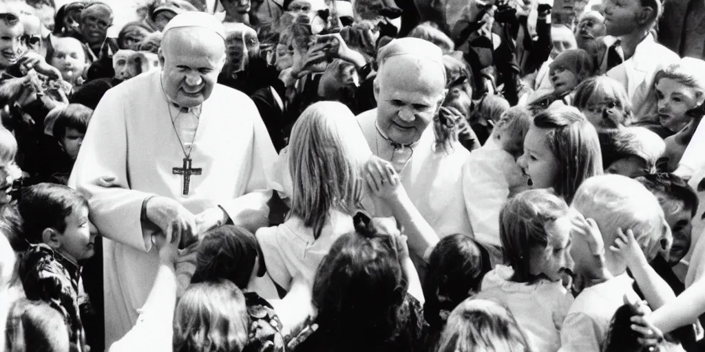 Image similar to John Paul II with a smirk on his face surrounded by children