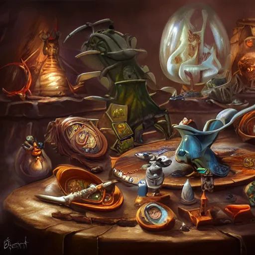 Image similar to hyper realistic, tony sart, table, wizards laboratory, mortar, pestle, scales, magic book, beaker, energy