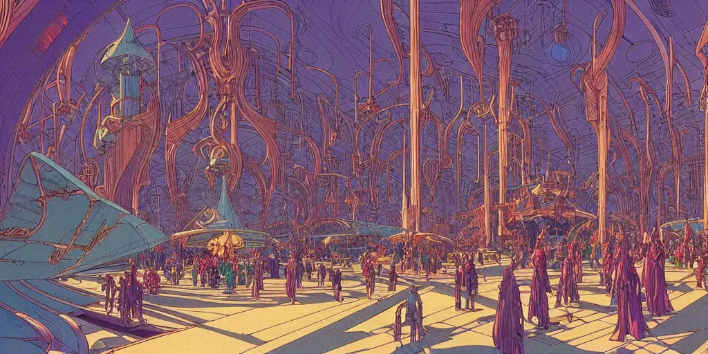 Image similar to cel shaded cinematic shot of the interior of a sci-fi space station with ornate Elven architecture bustling with people, epic castle, emerald, crystalline, detailed illustration, sharp focus, crisp lines, art by Moebius!!!, Jean Giraud Moebius!!! comic illustration