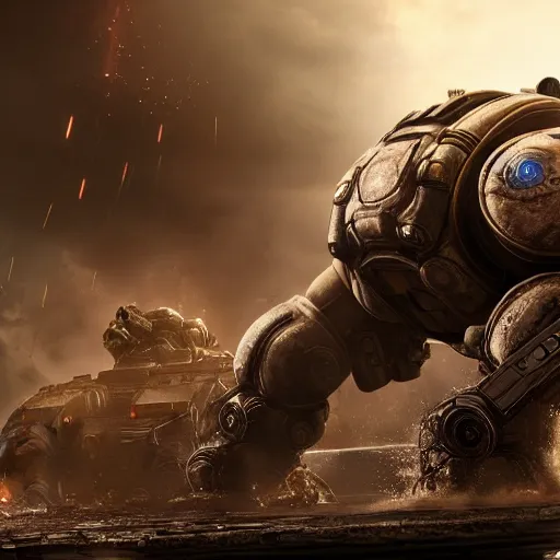 Image similar to a 'Blastoise Tank' in 'Gears of War', splash art, movie still, cinematic lighting, detailed face, dramatic, octane render, long lens, shallow depth of field, bokeh, anamorphic lens flare, 8k, hyper detailed, 35mm film grain