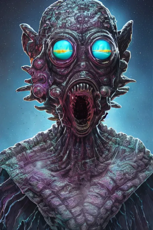 Prompt: rick and morty fused with lovecraft and vader helmet and predator, realistic portrait, high details, intricate details, by vincent di fate, artgerm julie bell beeple, 90s, Smooth gradients, octane render, 8k, volumetric lightning, photo, High contrast, depth of field, very coherent symmetrical artwork