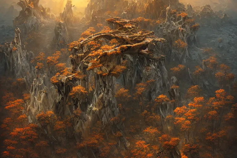 Image similar to high aerial shot, cinematic fantasy painting, dungeons and dragons, barren dry land, desert valley of bones, isolated autumn maple bonsai, with sunset lighting ominous shadows by jessica rossier and brian froud and hr giger