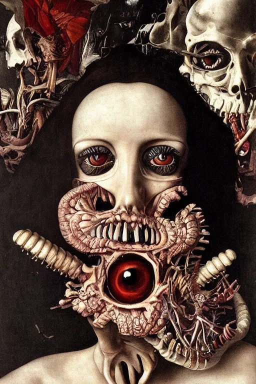 Image similar to Detailed maximalist portrait with large lips and with large, wide eyes, sad expression, extra bones, flesh, HD mixed media, 3D collage, highly detailed and intricate, surreal, illustration in the style of Caravaggio, dark art, baroque