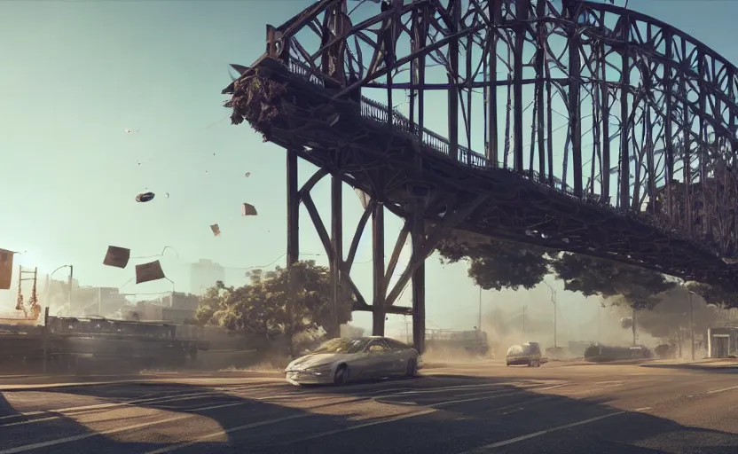 Prompt: explosions in the form of realistic cotton plants cover harbour bridge, smooth, sharp focus, highly detailed, 3 d octane render, epic lighting, dark atmosphere, lots of cotton plants, rusty cars, 8 k, by goro fujita