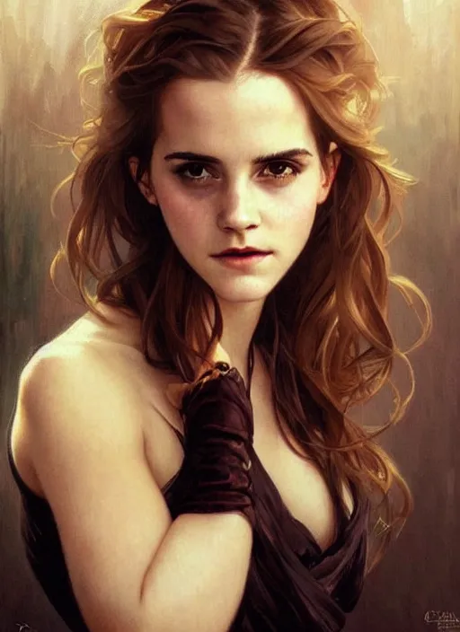 Image similar to oil painting of emma watson giving seductive look. beautiful detailed face. by artgerm and greg rutkowski and alphonse mucha