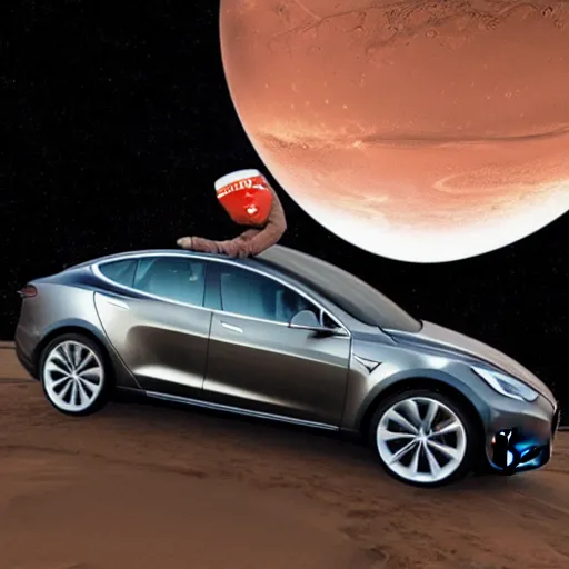 Prompt: highly realistic photo of elon musk smiling while driving his tesla car on mars