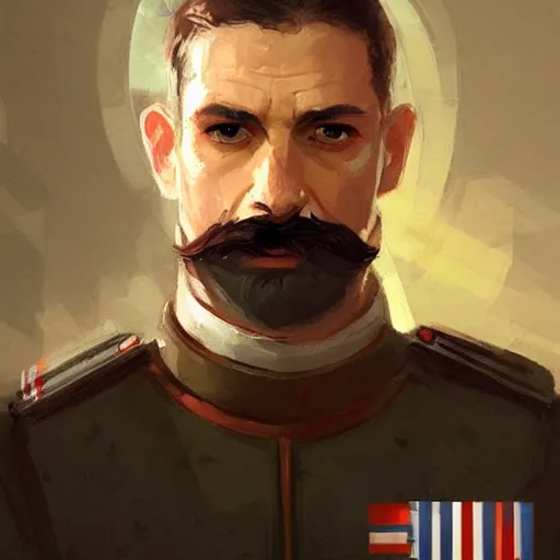 Image similar to portrait of a man by greg rutkowski, british features, short black hair in military style, moustache, tall, star wars expanded, universe, he is about 4 0 years old, wearing imperial captain uniform, artstation hq