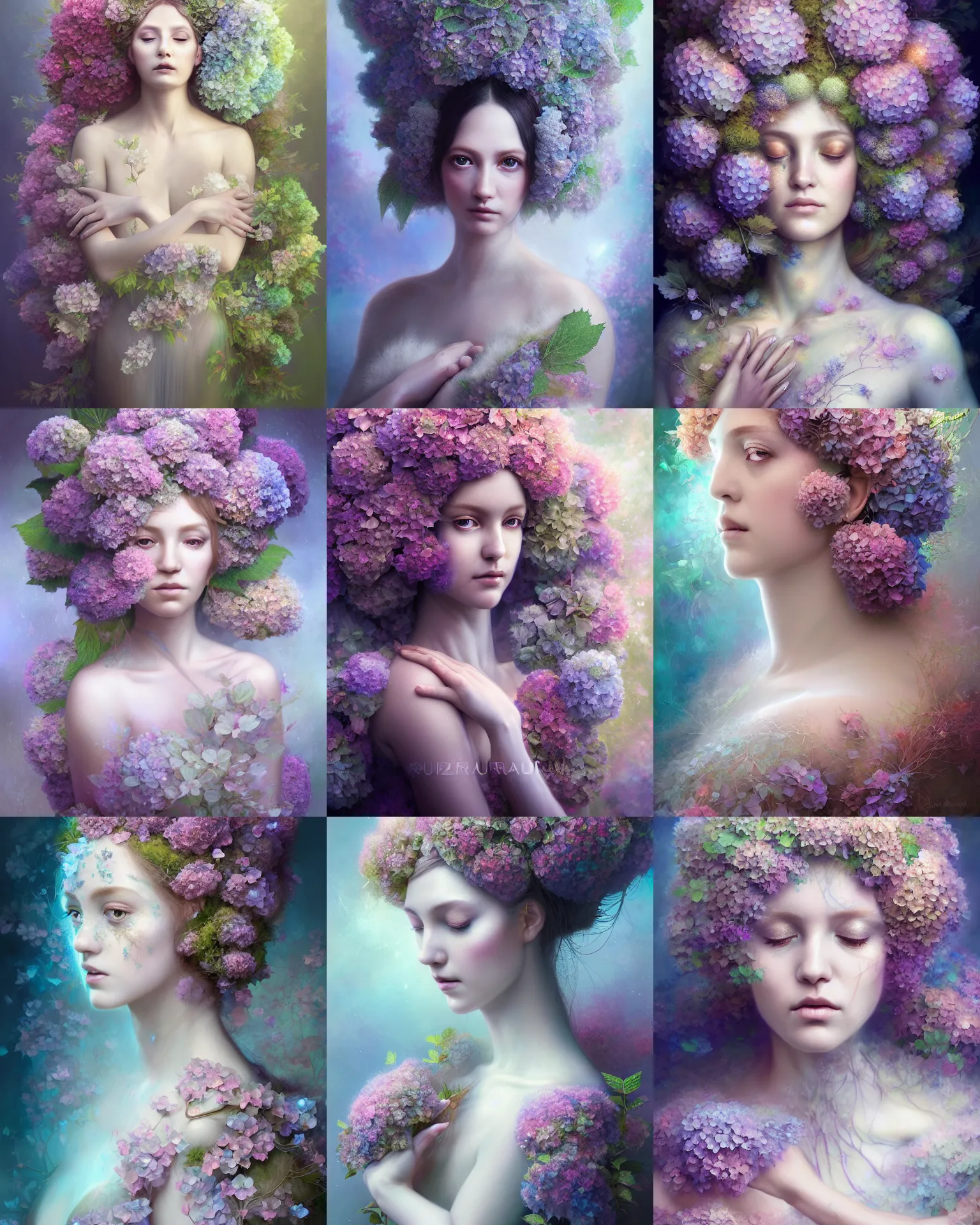 Prompt: Full View realistic Portrait ethereal hydrangea dryad wearing beautiful dress, deity of hydrangeas, vogue, 4k digital masterpiece by Anna Dittman and Alberto Seveso Ruan Jia, rossdraws, fantasycore, Hyperdetailed, realistic oil on linen, soft lighting, Iconography background, featured on Artstation