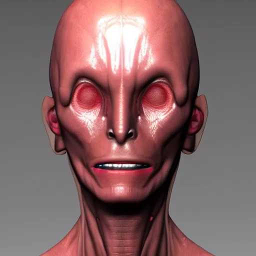 Image similar to a humanoid male alien with skin made of translucid plastic, his organs are luminiscent and can be seen trought his skin, he has an elongated head shape, unreal engine 5