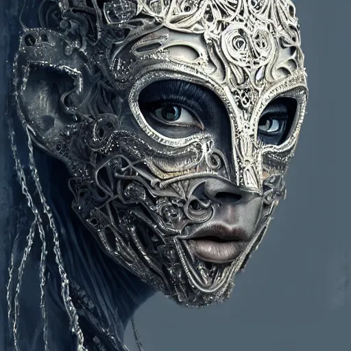 Image similar to Very very very very highly detailed epic photo of face with venetian mask, intricate, dystopian, sci-fi, extremely detailed, digital painting, artstation, concept art, smooth, sharp focus, illustration, intimidating lighting, incredible art by Tokujin Yoshioka and Anton Pieck