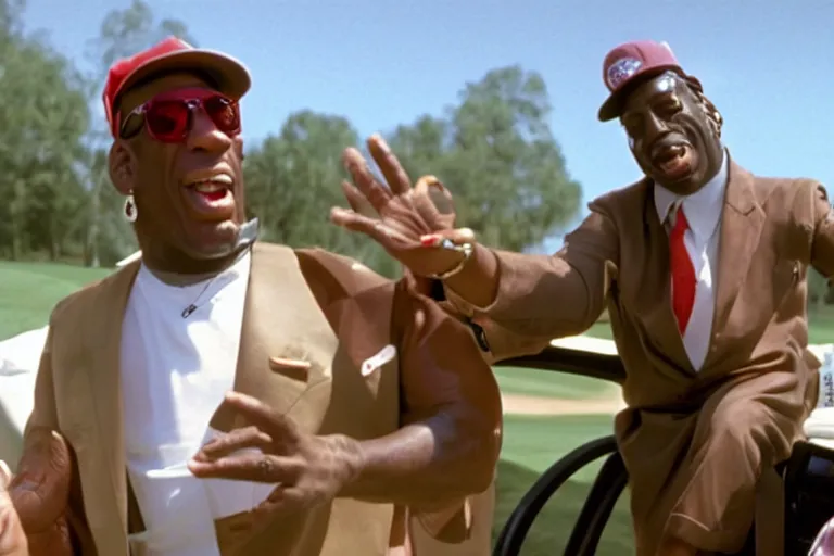 Image similar to dennis rodman in a dress driving a golf cart, movie still, from the new caddyshack movie, dancing gopher from caddyshack, 8 k, hd, cinematic lighting