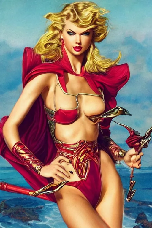 Prompt: she - ra : : taylor swift : : kate upton body : : portrait : : full body : : decadent highly - detailed digital photo : : art by helmut newton and mucha, master prime lenses, cinematic