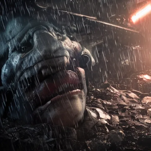 Image similar to the joker in gears of war, splash art, movie still, cinematic lighting, dramatic, octane render, long lens, shallow depth of field, bokeh, anamorphic lens flare, 8 k, hyper detailed, 3 5 mm film grain