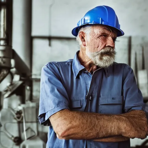 Image similar to tired old factory worker is about to retire. he's working on complex machinery. beautiful photography, 4K, very detailed