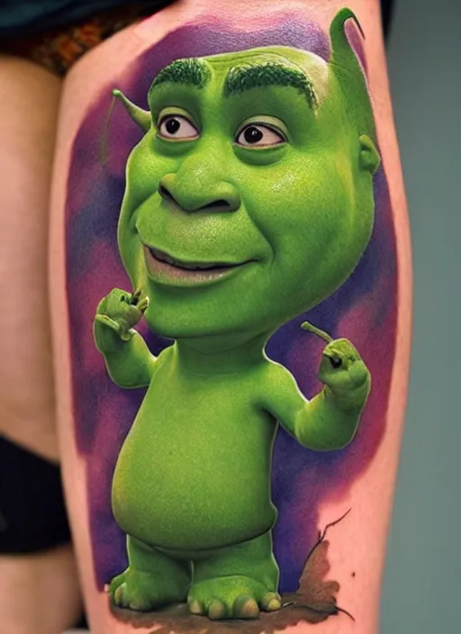 Image similar to 😆 Shrek, dope tattoo, hyperrealistic