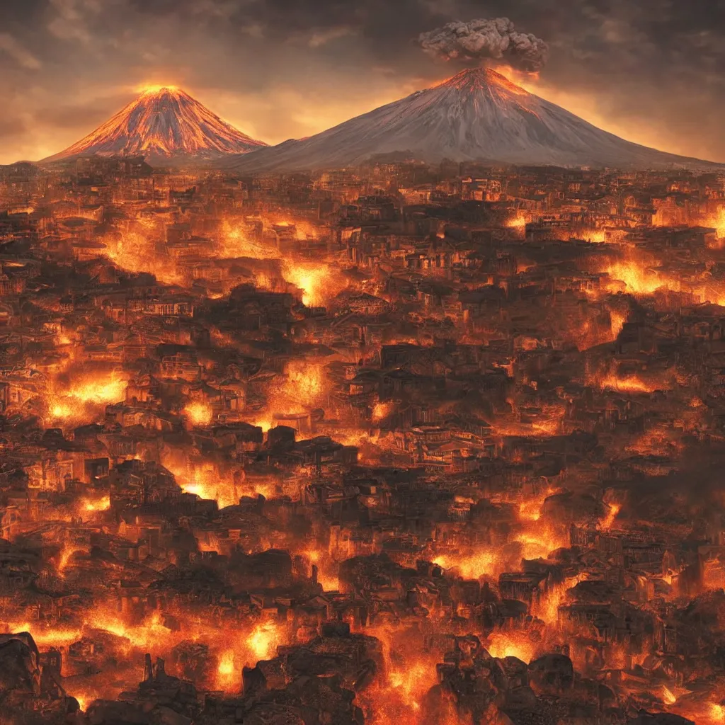 Image similar to Grand Pompeii city facing the erupting volcano, by Sebastian Luca photorealistic cinematic volume lighting