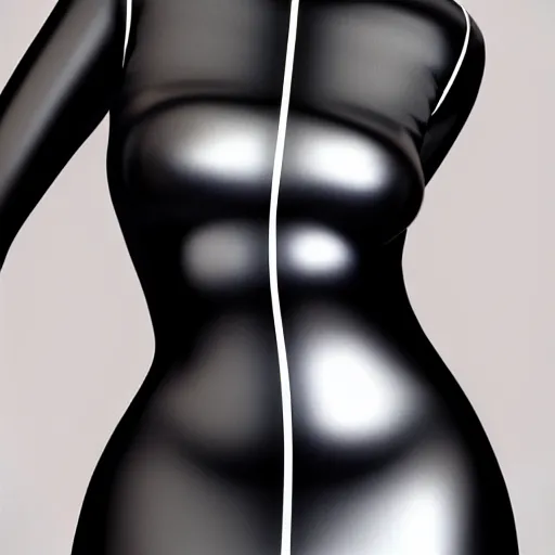 Image similar to a curvy pale hot young goth woman wearing an elegant modest tight shiny silver-black striped latex high-neck dress, cgsociety, photorealistic, sublime-cool-hyperadvanced-dark ambience, 16k, smooth, sharp focus, trending on ArtStation, volumetric lighting, fully clothed, thin waist