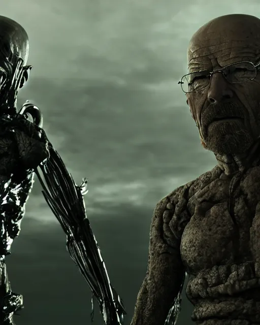 Image similar to film still walter white defending himself against an alien. illustration, unreal engine 5, 8 k, directed by h. r. giger.