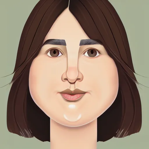 Image similar to chubby 30 year old brunette woman with straight hair in a short bob, round face, romanian heritage, brown eyes, olive skin, bulbous nose, big chin, wide face, no bangs, digital art, painterly, cartoon, cute, 8k, illustration, trending on artstation, medium shot, head and shoulders