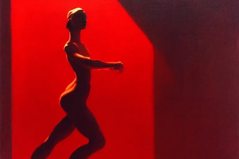 Prompt: only with red, a woman dances, tokio, in the style of beksinski, parts by edward hopper, parts by rodcenko, parts by yue minjun, intricate and epic composition, red by caravaggio, insanely quality, highly detailed, masterpiece, red light, artstation, 4 k