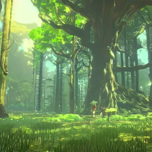 Image similar to exotic toxic forest, large tall trunks trees, hanging vines, moss by miyazaki, nausicaa ghibli, breath of the wild