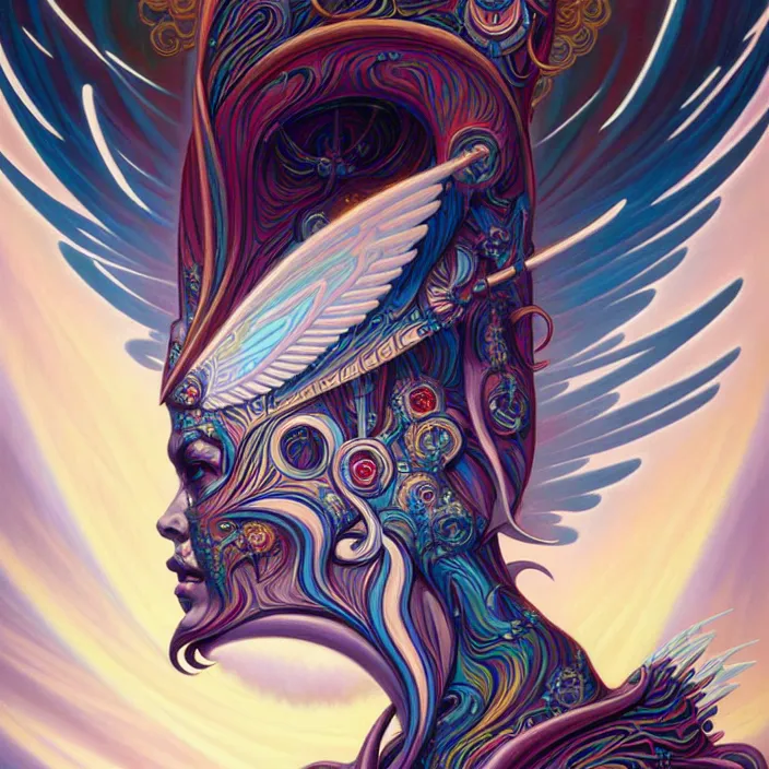 Image similar to stylized painting of an psychedelic angelic celestial being mythical creature by peter mohrbacher, by philippe druillet trending on artstation, winged head, white gold skin, sacred geometry, esoteric art