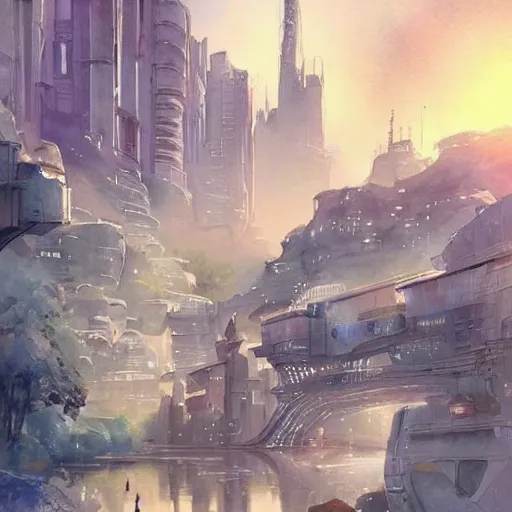 Image similar to Beautiful happy picturesque charming sci-fi city in harmony with nature. Beautiful light. Nice colour scheme, soft warm colour. Beautiful detailed watercolor by Lurid. (2022)