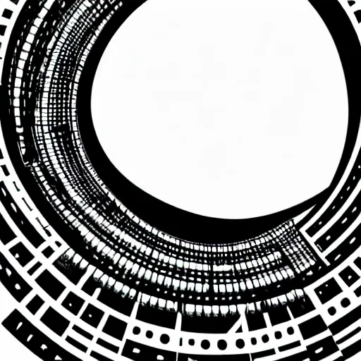 Image similar to a perfect circle where the inside is empty blank space and around the outer edge of the circle is the silhouette of a city skyline, black and white, minimalist, in the style of a line drawing