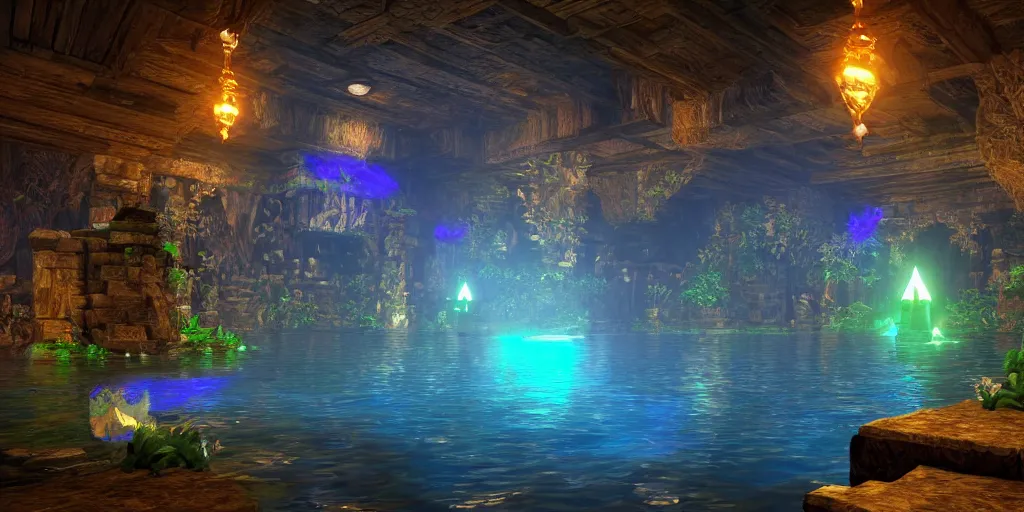 Image similar to legend of zelda water temple, indoor shot, dimly lit, blue torches on the walls, ray - tracing, water reflections, vegetation, unreal engine, 4 k, cool color tone, desktop wallpaper