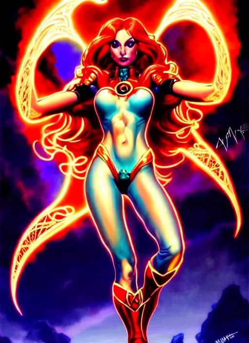 Image similar to front portrait hands behinds pose of attractive Starfire with ginger wavy hair using white gloves, hands behind her pose!, Intricate overlay flames imagery , D&D!, fantasy style, sharp focus!, ultra detailed, art by Artgerm and Peter Andrew Jones, WLUP