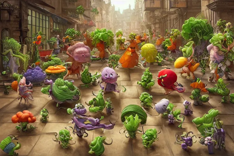 Image similar to miniature vegetable creatures parade. the floor is a cutting board. a kitchen in the background. digital art, realistic, pixar style, highly detailed, cinematic, matte painting, vivid colors, realistic, epic, low angle, lighting, by greg rutkowski and artgerm and alphonse mucha