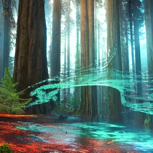 Image similar to enchanted magical illumined twisty swirly watery ( next level ) giant redwood forest. spells. runes. 8 k. uhd. octane render. highly elegant, detailed. harmonic composition. epic composition. hd.