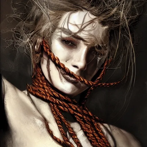 Image similar to portrait of a Shibari rope wrapped face and neck, headshot, insanely nice professional hair style, dramatic hair color, digital painting, of a old 13th century, traveler, amber jewels, baroque, ornate clothing, scifi, realistic, hyperdetailed, chiaroscuro, concept art, art by Franz Hals and Jon Foster and Ayami Kojima and Amano and Karol Bak,