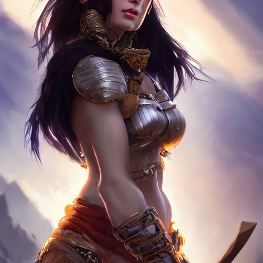 Prompt: fantasy portrait of a middle aged beautiful female barbarian warrior with jet black hair , backlit , made by Stanley Artgerm Lau, WLOP, Rossdraws, ArtStation, CGSociety, concept art, cgsociety, octane render, trending on artstation, artstationHD, artstationHQ, unreal engine, sfw, 4k, 8k,