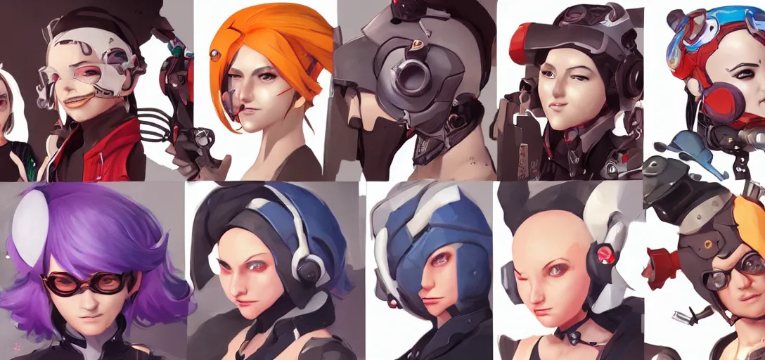 Image similar to concept art of female video game characters head designs, punk, disgaea, flcl, overwatch, by marc brunet and artgerm