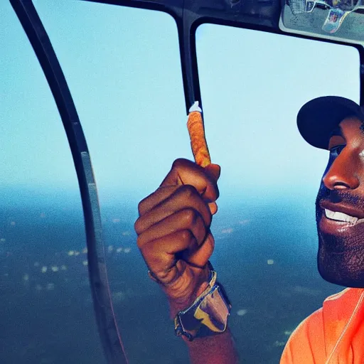 Image similar to selfie of kobe bryant holding a smokie joint in a helicopter, smoke around him, 8k resolution, hyper detailed, shot in the air