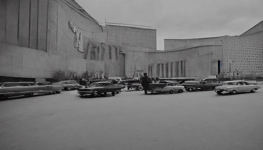 Prompt: 60s movie still of a sovietic museum stalinist style, cinestill 800t 10mm eastmancolor, liminal Space style, heavy grain, high quality, high details, panoramic