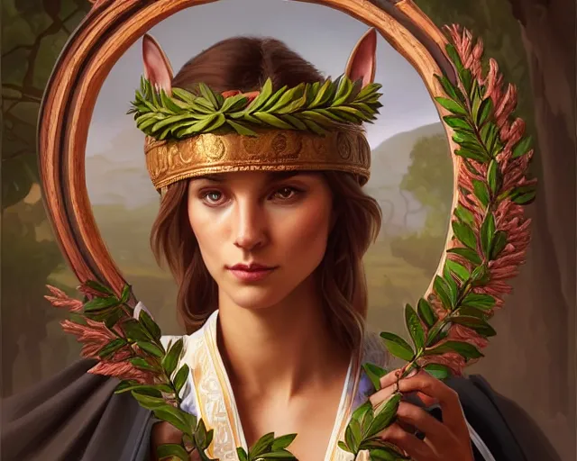 Image similar to a caracal wearing laurel wreath and a toga, photography of kurzgesagt, deep focus, d & d, intricate, elegant, highly detailed, digital painting, artstation, concept art, matte, sharp focus, illustration, hearthstone, art by artgerm and greg rutkowski and alphonse mucha