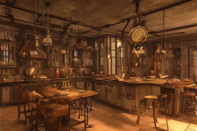 Image similar to steampunk kitchen, liminal space, high detail, rendered in unreal engine, 3d render, god rays, volumetric lighting, HDR, subsurface scatter, mansion, interior, large windows, rich house