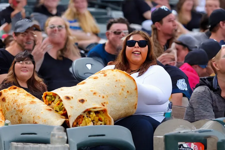 Image similar to obese woman eating a giant burrito sitting at a baseball game, photograph,