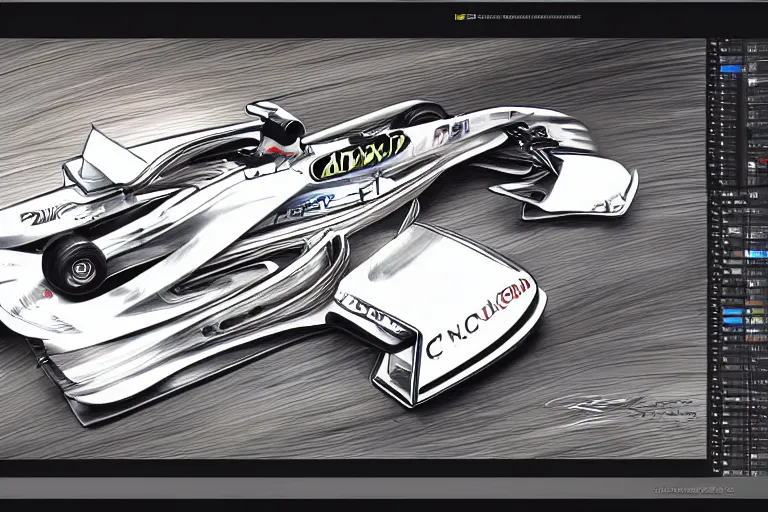 Prompt: digital painting of a futuristic formula 1 car, by chip foose and pierre - yves riveau schematic, detailed, masterpiece, sketch, pencil art, hand drawn