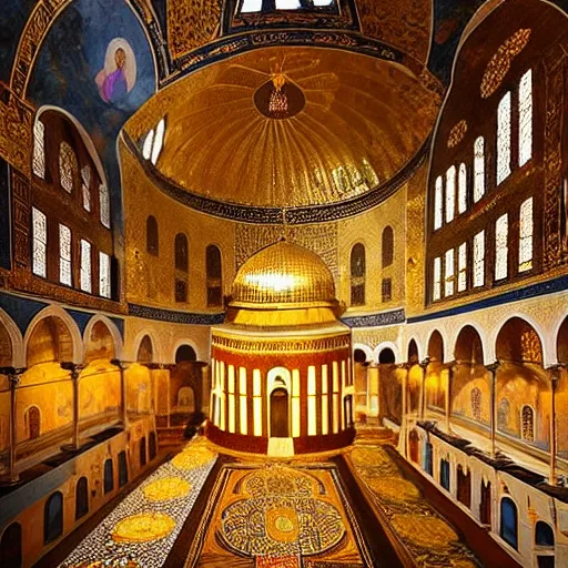 Image similar to divine liturgy being held in the hagia sophia, artstation, artwork, rays of shimmering light, beautiful, surreal, holy