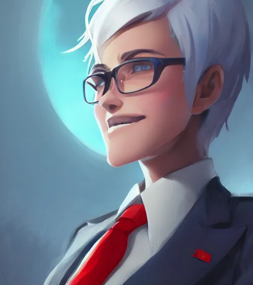 Image similar to a girl in a business suit, close up, sharp focus, red necktie, grey hair, happy expression, full body shot, pixiv, digital painting, by tran ross and jordan grimmer and greg rutkowski, anime art, artstation, hd, smooth