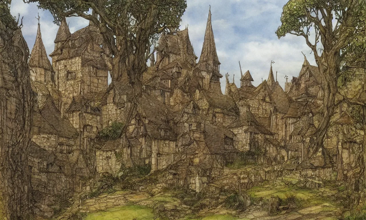 Image similar to medieval small town with some farms and trees, high detailed color sketch by John Howe and Alan Lee, award-winning masterpiece